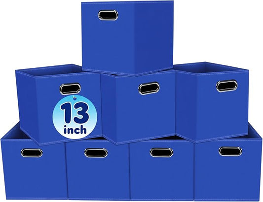 Fabric Cubby Storage Bins,13x13x13 Inches,Cube Organizer Bin Foldable Storage Boxes with Dual Handles Fabric Organizer Box and collapsible Storage basket,Set of 8,Dark Blue by Yunkeeper