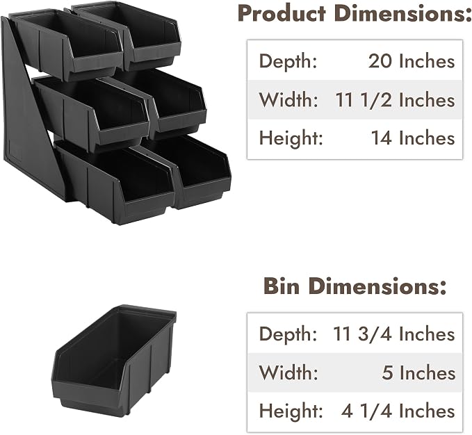 Black Self Serve Condiment Bin Stand Set, 3-Tier Stand with 6 Bins, 20" D x11.5" W x 14" H, Coffee Bar Beverage Station - Image 3