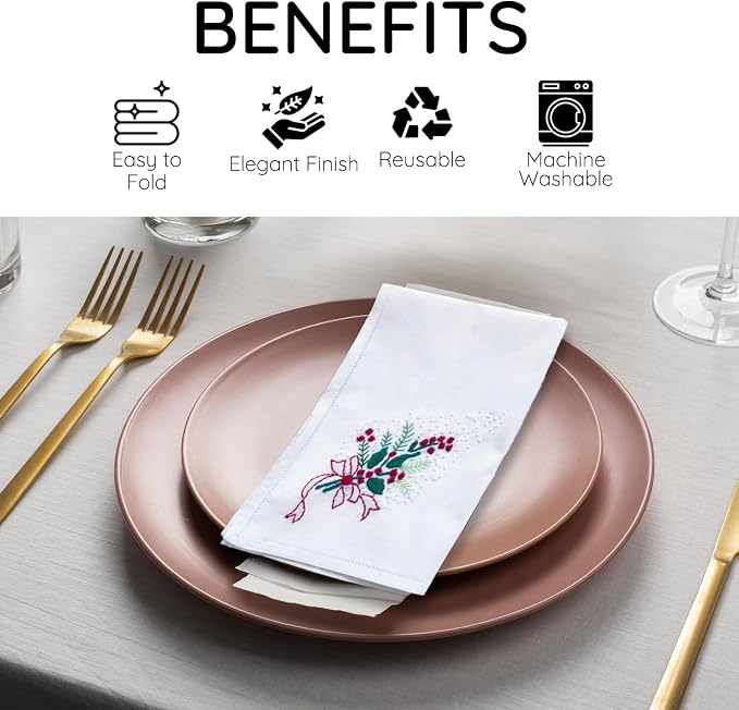 Cloth Tea Napkins Set of 6, Embroidered Cotton Napkins with French Knot Design, Reusable Table Napkins for Dinner, Tea Time, Coffee, Cocktail Settings, 16x16 Inches (Christmas) - Image 5