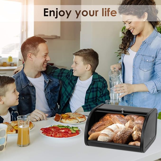 Metal Bread Boxes, Bread Box Storage Bin Kitchen Container with Roll Top Lid Iron Countertop Containers Metal Food Storage Bread Keeper Large Capacity Home Kitchen Counter (Black) - Image 6