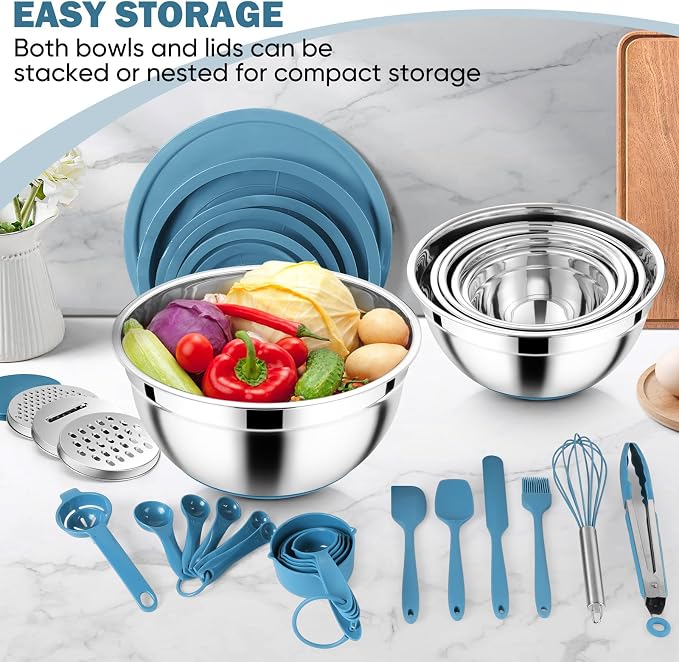 E-far 25PCS Mixing Bowls with Lid Set, Stainless Steel Nesting Prep Bowls with Grater Attachments Non-Slip Bottoms for Cooking, Baking, Serving, Food Storage, 4.6/2.6/2/1.5/1/0.7QT - Blue - Image 5