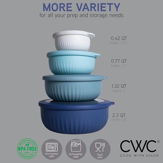 COOK WITH COLOR Prep Bowls with Lids- Wide and Deep Nesting Plastic Small Mixing Bowl Set with Lids, 8 Piece Set - Wide Bowls, Blue - Image 2