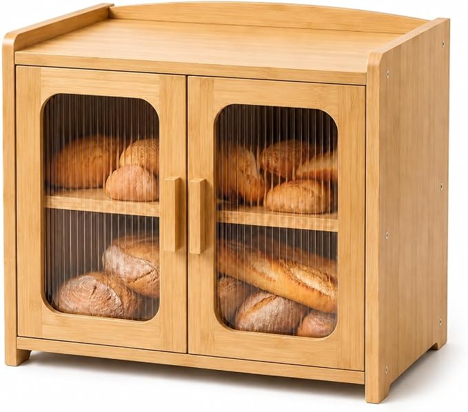Bread Box for Kitchen Countertop, Large Capacity Wooden Bread Box, Fluted Acrylic Window Farmhouse Bread Storage, 2 Tier Corner Bread Box for Homemade Bread & Sourdough Bread, Natural Bamboo by florwishhome