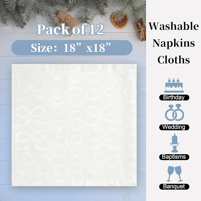 White Cloth Napkins Pack of 12, 18"x18" - Cotton & Polyester, Wrinkle/Fade Resistant, Washable & Reusable - Wedding Napkins for Reception, Jacquard Napkin for Banquet & Engagement Party, Bows Design - Image 4