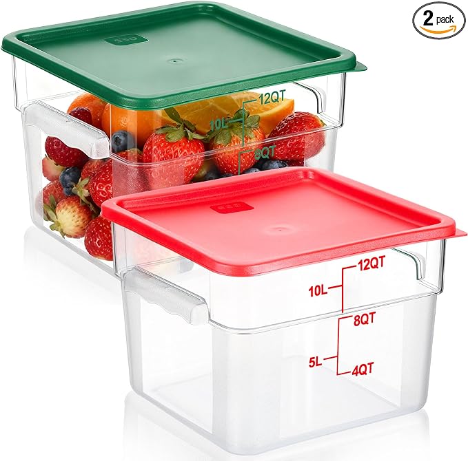 FoldTier 2 Pieces Square Food Storage Containers Polycarbonate Clear food Container with Lid Commercial Storage with Graduations for Commercial Kitchen Dough Marinating Meat(Green, Red,12 Qt) by FoldTier