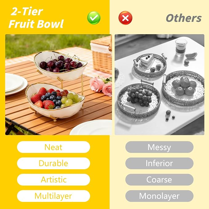 2 Tier Ceramic Fruit Bowl for Kitchen Counter with Metal Rack, Fruit Basket with Stand, Porcelain Bowls for Vegetable Bread Candy Snack Nuts Dessert Cake Tray (Gold 2 layer) - Image 4