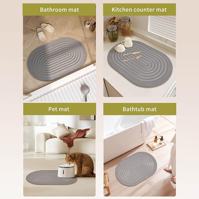 Stone Dish Drying Mat - Large Foldable Marbled Quick Drying Dish Mats, Stone Coasters Set of 4 Collapsible Ultra Absorbent Diatomaceous Earth Mats for Kitchen Counter Bathroom (Grey_Oval) - Image 5