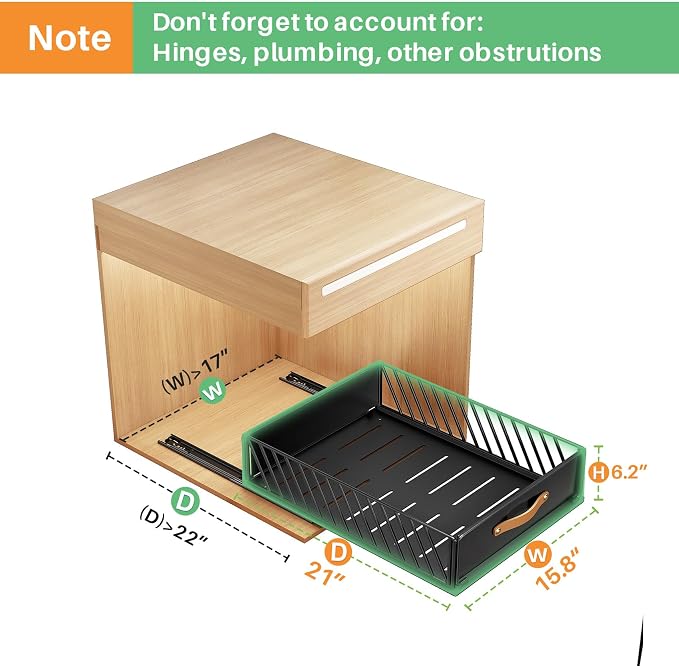 Pull out Cabinet Organizer,Heavy Duty Slide out Pantry Shelves Drawer Storage with Adhesive Nano Film,Sliding Mesh Cabinet Basket with Handle for Kitchen, Bathroom, Home, 15.8"W X 21"D X6.2"H,Black - Image 3