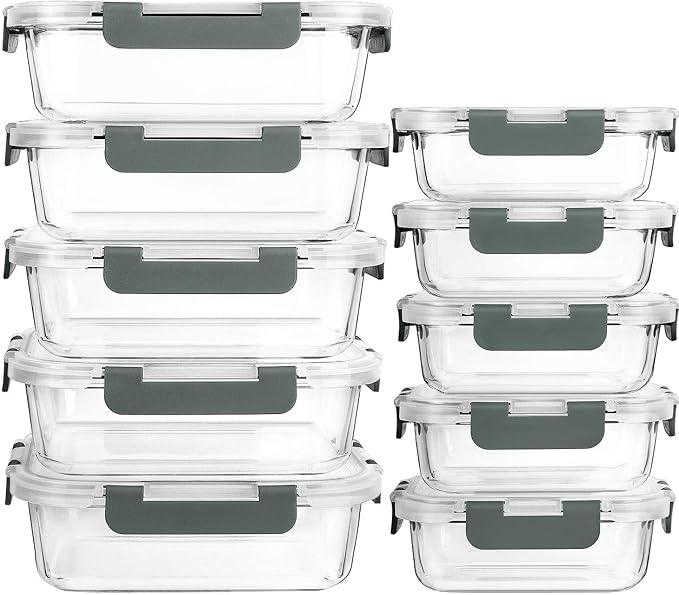 M MCIRCO 10 Pack Glass Food Storage Containers with Lids, Gray | Glass Meal Prep Containers,Airtight Lunch Containers with Lids, Microwave, Oven, Freezer and Dishwasher Friendly, BPA Free by MMCIRCO
