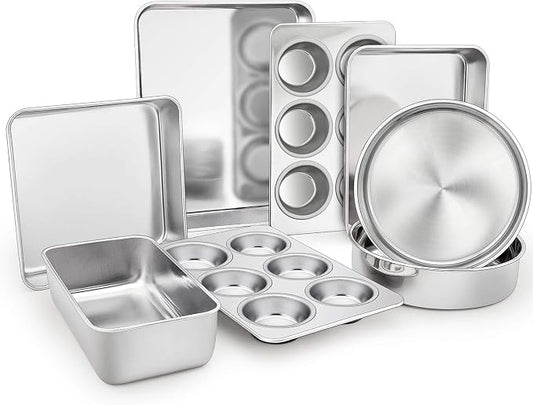 TeamFar Stainless Steel Bakeware Set of 8 | Baking Roasting Toaster Oven Pans, Lasagna/Square/Round Cake Pan, Loaf Pan & Muffin Pan, Non-Toxic & Sturdy, Dishwasher Safe by TeamFar