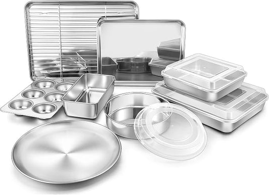 TeamFar Stainless Steel Bakeware Set of 9 | Baking Sheet with Rack, Baking Pan & Pizza Pan, Lasagna Pan with Lid, Square & Round Cake Pan with Lid, Muffin & Loaf Pan by TeamFar