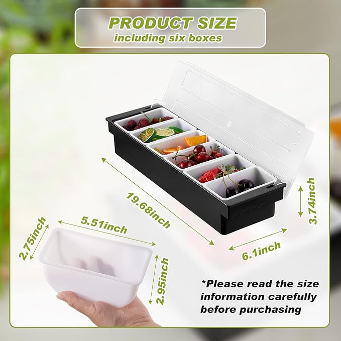 2 Pcs Bar Fruit Caddy with Lid Salad Condiment Server Black Plastic Garnish Tray Ice Chilled Condiment Caddy for Home Restaurant Bartending Serving Veggie Taco Salad Party Supplies(6 Compartments) - Image 2
