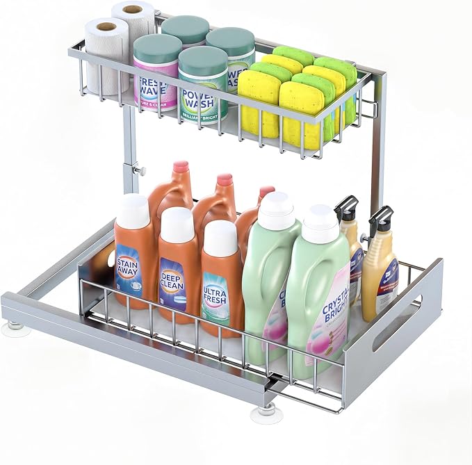 L-Shaped Under Sink Organizer, 2-Tier Pull-out Cabinet Rack 1-Pack | Grey Height-Adjustable Steel Rack, Sliding Grid Drawers with PP Liners, Holds 100 Lbs, Suction Base, Ideal Kitchen Storage by Saydear
