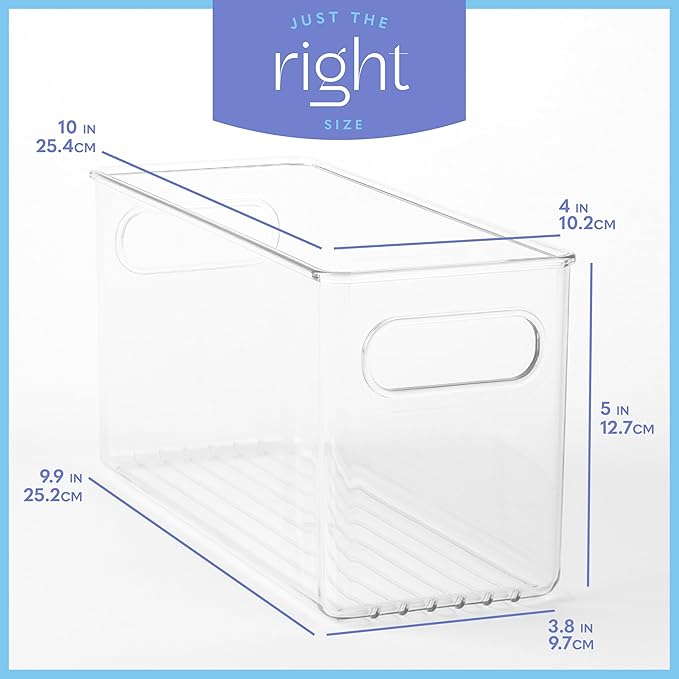 Plastic Food Storage 6 Pack Clear Container Bin with Handles for Organizing Kitchen, Pantry, Refrigerator, Freezer, Pantry, Cabinet, Closet, Bathroom. 10”x4”x5” - Image 3