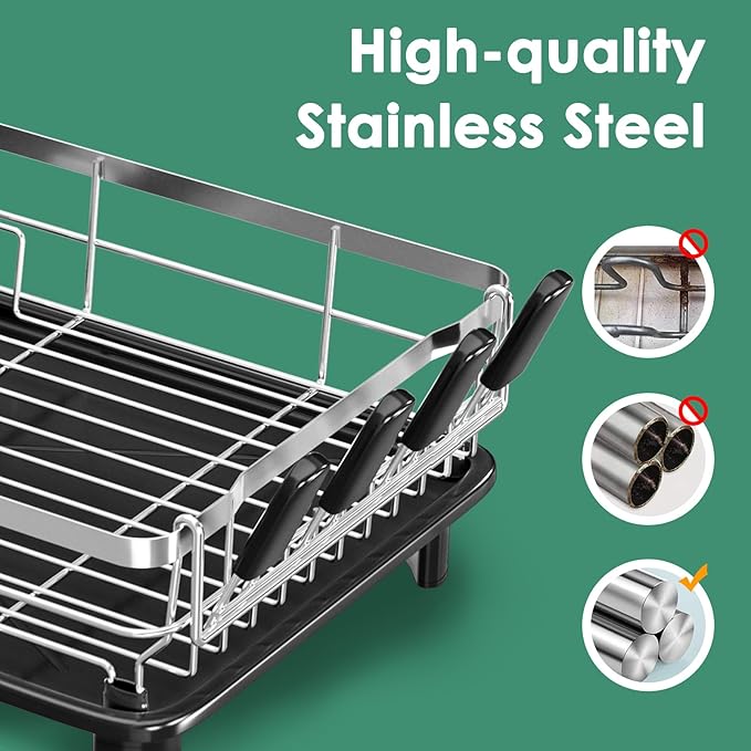 MOUKABAL Stainless Steel Dish Drying Rack for Kitchen Counter, Black Silver | 13×17 Large Capacity/Drainboard with Rotating Spout/Removable Cup & Utensil Holders/Fast Drainage/Countertop Dish Drainer - Image 5