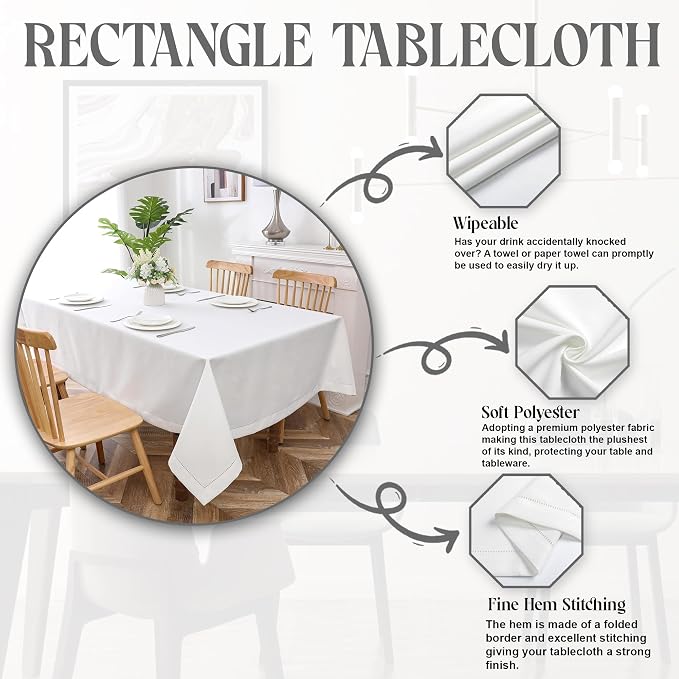 Majestic Giftware Linen Look Polyester Tablecloths for Rectangle Tables | (60/90) - TC1551 White with Hole Design Etched at Seam Table Cover | Decorative Washable Tablecloth for Kitchen & Dining - Image 2