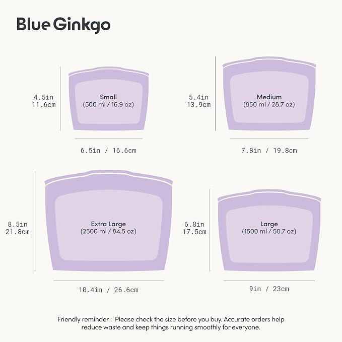 Blue Ginkgo Silicone Food Storage Bags, 4-Pack, Reusable, Made in Korea | Leakproof. Stand Up. Freezer and Dishwasher Safe. (Lavender) - Image 3