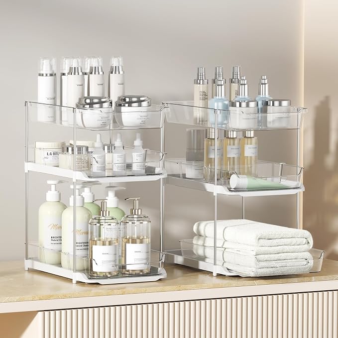 Delamu 2 Sets of 3-Tier Bathroom Under Sink Organizers and Storage, Multi-Purpose Stackable Pantry Organization and Storage, Pull Out Clear Kitchen Bathroom Cabinet Organizer with Movable Dividers | Storage - Image 2