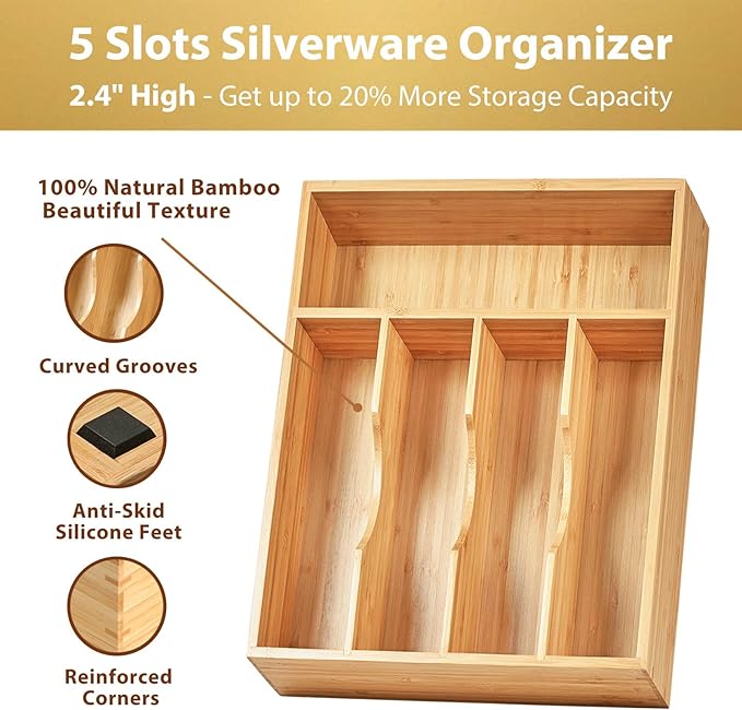 Kitchen Drawer Organizer, 10 Inch Silverware Utensil Tray Holder, Extra Deep, with Non-Slip Feet & Grooved Drawer Divider, 5 Slots Total Bamboo Wood Caddy for Flatware Cutlery Knives - Image 2
