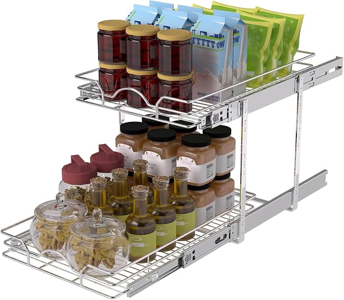 OCG 2 Tier Pull Out Cabinet Organizer (15.5" W x 18" D), Pull Out Drawers for Kitchen Cabinets, Pull Out Shelves for Base Cabinet Organization in Kitchen Bathroom Pantry, Chrome Finish by OCG