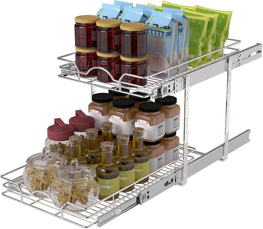 OCG 2 Tier Pull Out Cabinet Organizer (15.5" W x 18" D), Pull Out Drawers for Kitchen Cabinets, Pull Out Shelves for Base Cabinet Organization in Kitchen Bathroom Pantry, Chrome Finish by OCG