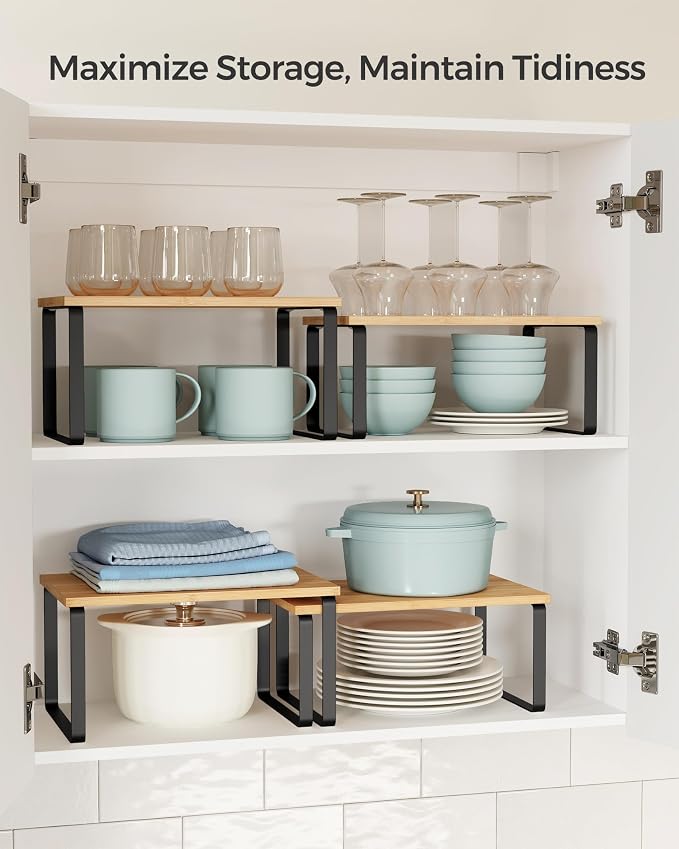 SONGMICS Cabinet Organizer Shelf, Set of 4 Kitchen Counter Shelves, Kitchen Storage, Spice Rack, Stackable, Expandable, Metal and Engineered Wood, Ink Black and Natural Beige UKCS10NB - Image 3