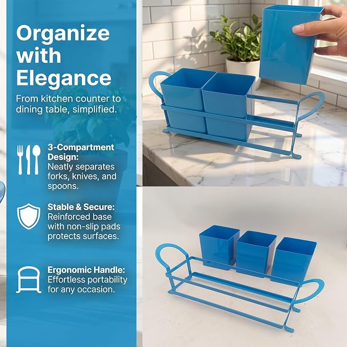 NelyBet Utensil Holder Silverware Caddy for Party Countertop, 3pcs Bins Set Silverware Caddy Organizer Holders for Spoon and Fork, Blue - Image 3