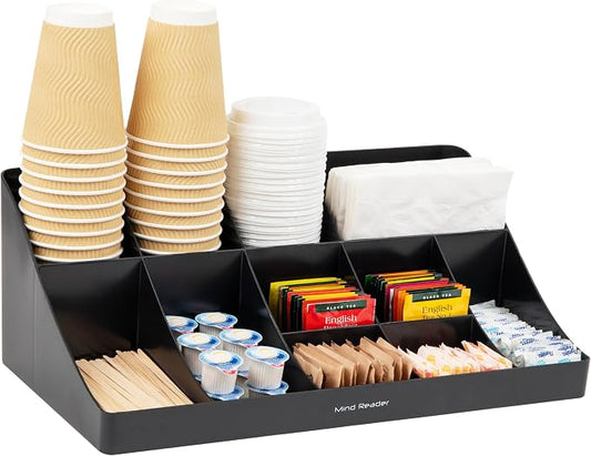 Mind Reader Cup and Condiment Station, Countertop Organizer, Coffee Bar, Kitchen, Stirrers, 17.875"L x 9.5"W x 6.625"H, Black by MindReader
