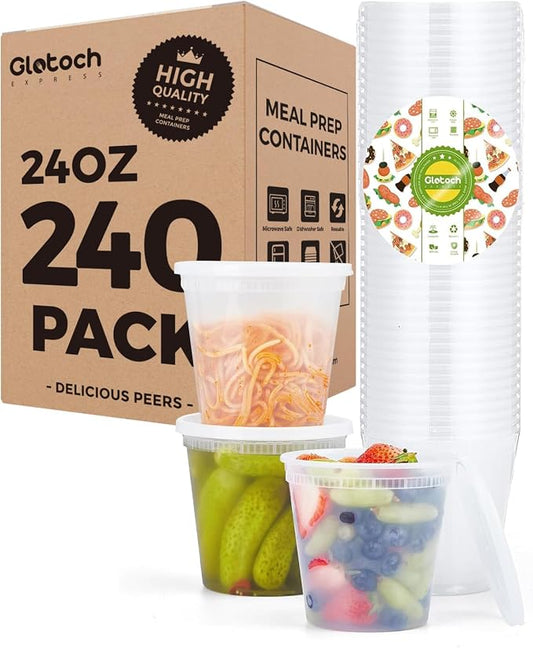 Glotoch Express 24oz Soup and Meal Prep Containers with Lids, Durable BPA-Free Plastic, Stackable Design, Microwave/Freezer/Dishwasher Safe, 240 Pack by GlotochExpress