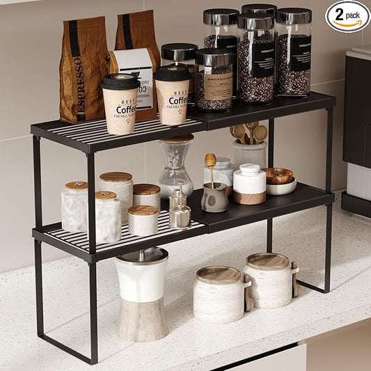 Magheo Expandable Kitchen Countertop Organizer, 2 Pack Stackable Cabinet Shelf Risers, Metal Spice Rack Heavy Duty Counter Organizer Storage for Kitchen, Pantry, Cupboard, Rv (8.7in Height,Black) by MAGHEO
