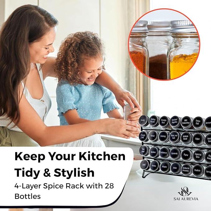 28-Jar Spice Rack Organizer with 4-Tier Metal Stand | Complete Set with Glass Jars, Labels & Funnel | Space-Saving Kitchen Spice Storage (Wall or Countertop Mount) - Image 2