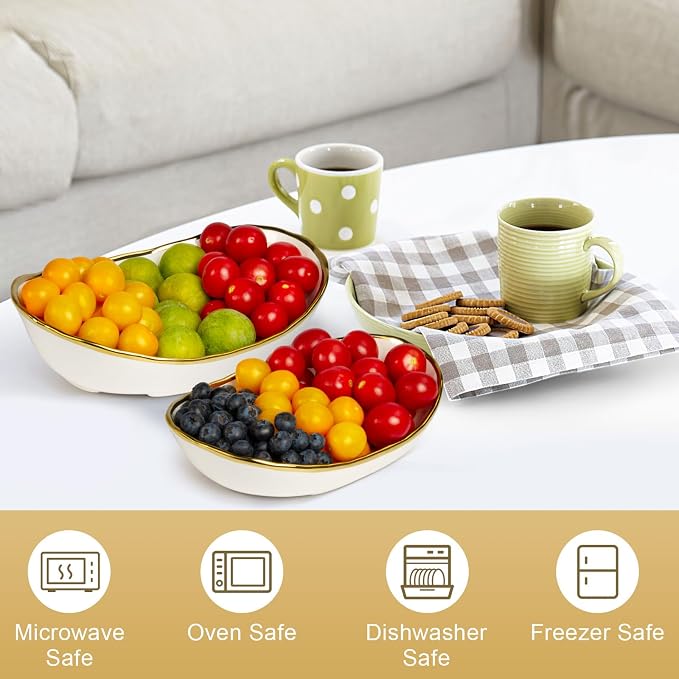 2 Tier Ceramic Fruit Bowl, Fruit Basket for Kitchen Counter, Tiered Fruit Rack for Countertop, Modern Multi Large Capacity Serving Holder for Party Dessert, Vegetable, Snack(Gold&White) - Image 6