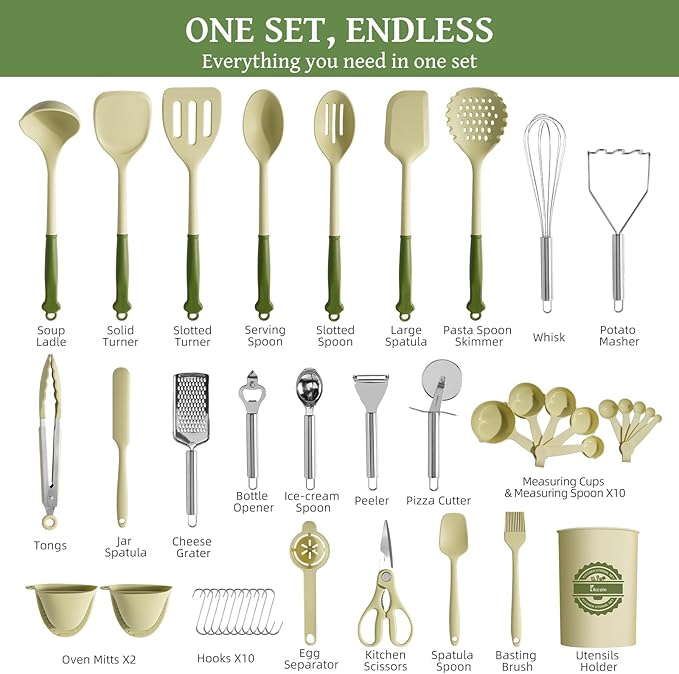 Kikcoin 43 PCS Silicone Kitchen Utensils Set, Dishwasher Safe Kitchen Cooking Utensils Set, 446°F Spatulas Silicone Heat Resistant, Non Toxic Silicone Utensils Set With Two-Tone Grip Handles, Green - Image 2