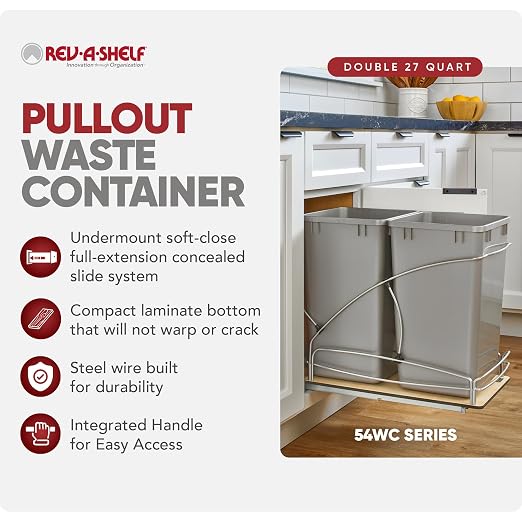 Rev-A-Shelf Double Pullout Trash Can w/Soft-Close Slides, 11.5" Min Opening | 27 QT Large Capacity Garbage/ Recycling Waste Bins for Under Kitchen Cabinets, Heavy Gauge Wire Construction 54WC-1527SC-17-1 - Image 2