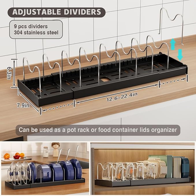 Magheo Expandable Food Storage Container Lid Organizers, 22" Pots and Pans Organizer Under Cabinet with 9 Adjustable Dividers Pot and Pan Lid Holders Rack Inside Cabinet(Black,1 Pack) - Image 2