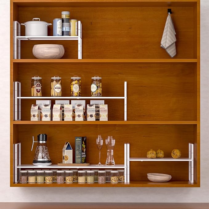 Expandable Kitchen Cabinet Shelf Organizers 2 Pack, Stackable Metal Pantry Storage Shelves Rack, Adjustable Counter Shelf for Cabinets, Countertop, Cupboard Organizers and Storage, White - Image 6