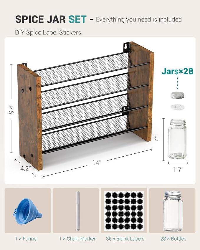 NESAPTO Spice Rack Organizer with 28 Glass Spice Jars, Wood 4-Tier Seasoning Organizer with Labels for Cabinet, Pantry, Countertop or Wall Mount, Chalk Marker and Funnel Set, 14" W × 9.4" H - Image 2