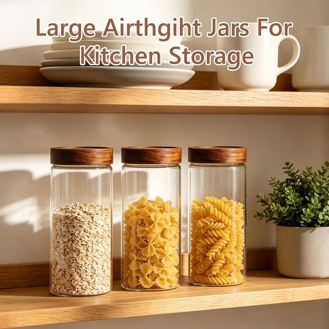 KEYWING 46 fl.oz Glass Jars with Airtight Lids, Food Storage Jars 3Pcs | Clear Food Containers For Pantry Organization Kitchen Canister Set for Cookie Rice Sugar Snack Coffee Bean, with 126 Labels - Image 4