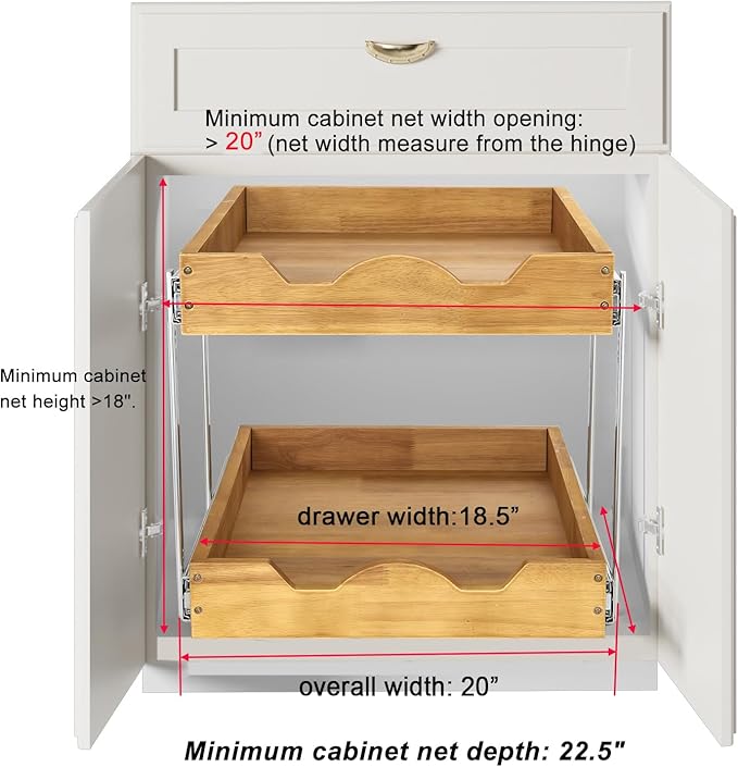DINDON 2 Tier Pull Out Cabinet Organizer (20" W x 21" D) Wood And Metal Double Tier Slide Out Wood Drawer Under Cabinet Storage Organization - Image 3