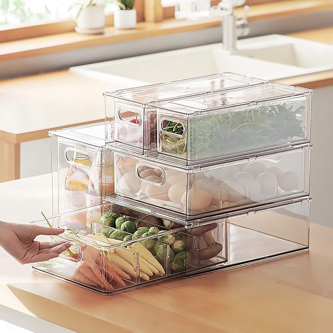 4Pack Stackable Fridge Drawers Pull-out Storage Bins with Handle Clear Food Container for Refrigerator Plastic Dresser Organizer Fruit&Veggie Keeper for Freezer Cabinet Kitchen Organization - Image 8