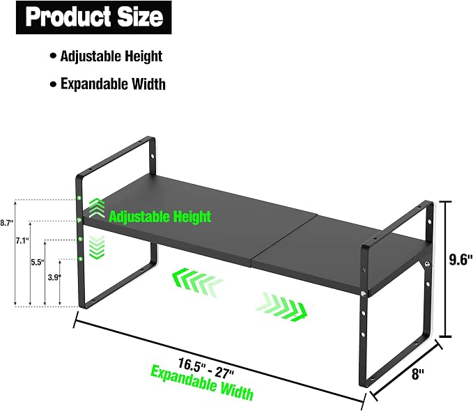 Expandable Kitchen Cabinet Storage Shelf, Stackable Metal Pantry Storage Shelves Organizer, Adjustable Height Counter Spice Rack for Kitchen Cabinet, Countertop, Pantry and Office - Image 3