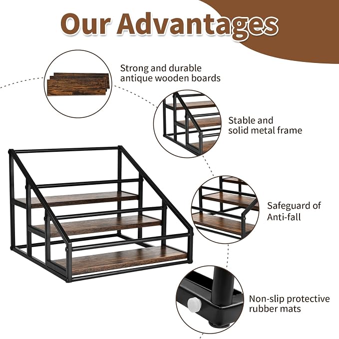 YQBRAO 3-Tier Coffee Syrup Organizer, 12-Bottle Rack, Rustic Brown | Holds up to 12 bottles with stepped visibility and a compact footprint for coffee bars, kitchens, and syrup stations. - Image 4