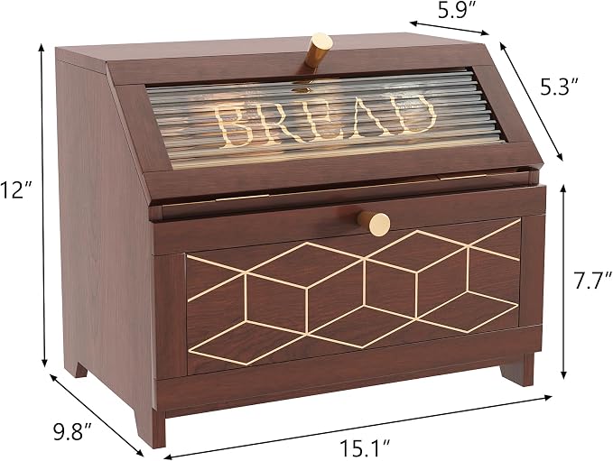 HOLTICO Double Layer Bread Box With Golden Trim for Countertop, Wooden Bread Container for Kitchen Counter, Corner Bread Storage, Brown - Image 7