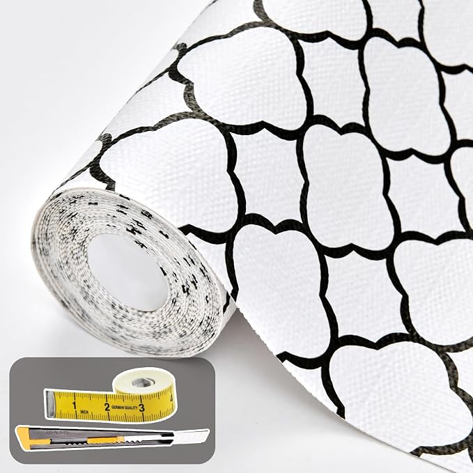 Shelf Drawer Liners for Kitchen Cabinets 12 in X 10 Ft Drawer Liner | Non Adhesive Thickened Refrigerator Liner Black Quatrefoil Strong Non-Slip Paper for Tool Box with Knife and Tape Measure by Kimhan