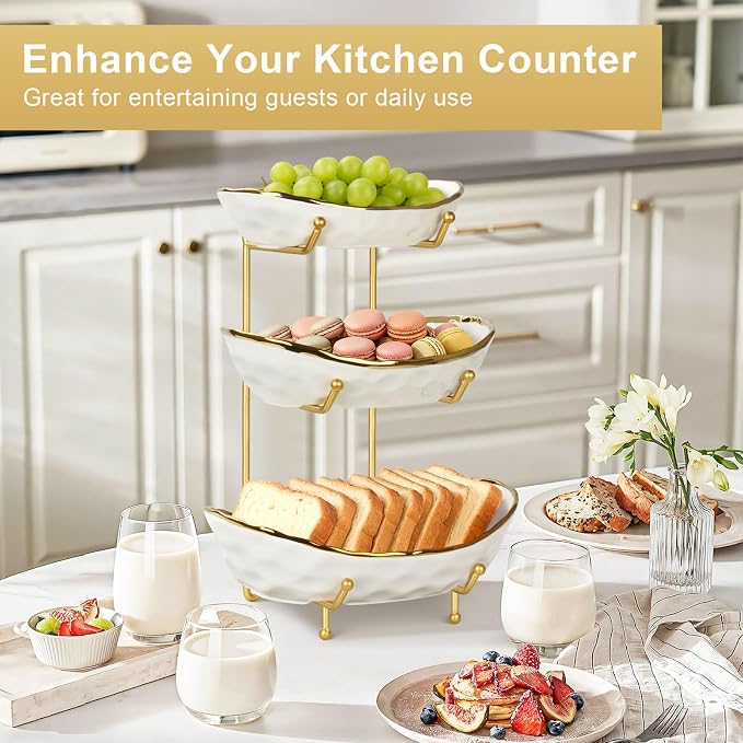 Ceramic Fruit Bowl for Kitchen Counter, Fruit Basket with Metal Stand, Tiered Fruit Rack for Countertop, Modern Serving Bowl for Party Dessert, Vegetable, Snack - Image 5