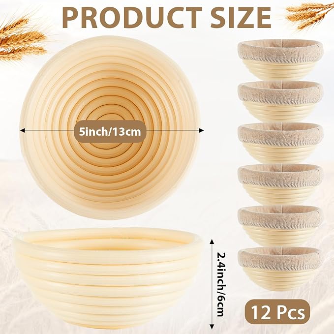 5 Inch Banneton Bread Proofing Basket Set of 12 with Linen Liner Cloth Mini Banneton Basket Proofing Baskets for Traditional Sourdough Bread Bakery Bowls for Professional & Home Bakers - Image 2