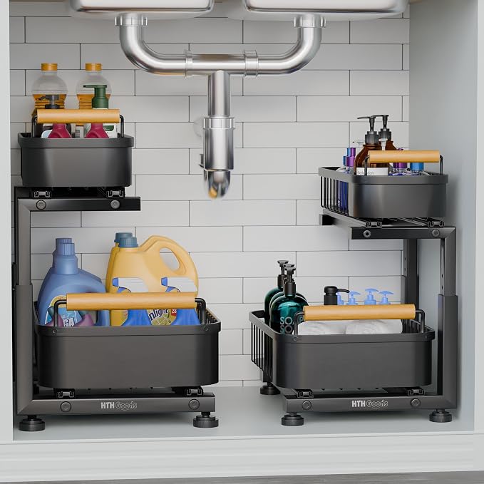 Premium Large Under Sink Organizer, 2-Tier Pull Out, Adjustable | Heavy-duty carbon steel, 7 adjustable heights and smooth ball-bearing sliding baskets for kitchen and bathroom cabinets - Image 2