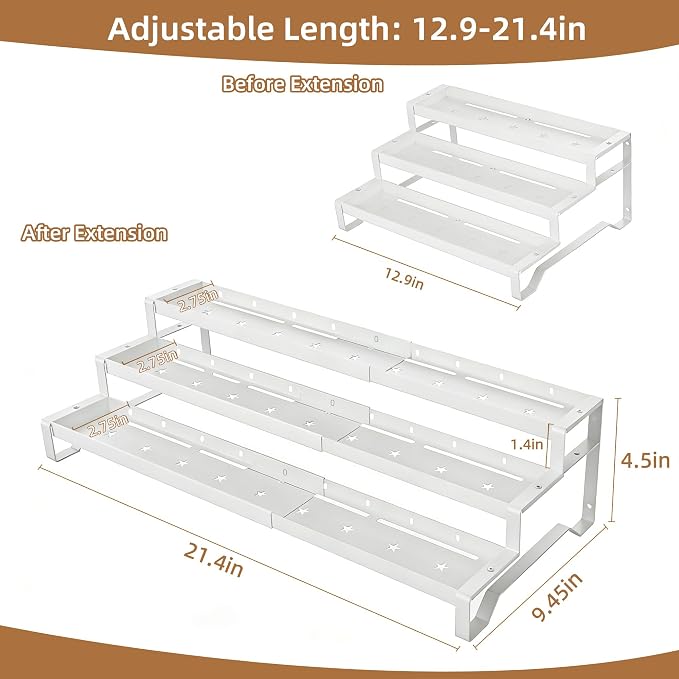 Expandable Spice Rack Organizer for Cabinet 3 Tier Spicy Shelf White 1Pack | Adjustable Length 13"-21", Metal Seasoning Organization, Slip-Resistant Guardrails for Jars, Cabinet & Countertop Storage - Image 5