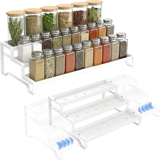 Expandable Spice Rack Organizer for Cabinet 3 Tier Spicy Shelf White 1Pack | Adjustable Length 13"-21", Metal Seasoning Organization, Slip-Resistant Guardrails for Jars, Cabinet & Countertop Storage by SANKEUHomeStorage