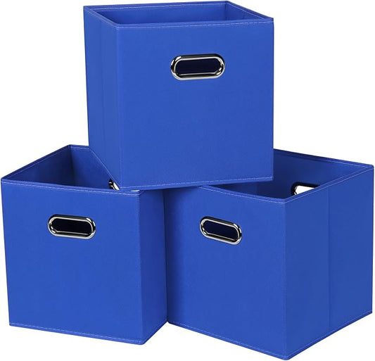 Black Fabric Cubby Storage Bins,13x13x13 Inches ,Cube Organizer Bin Foldable Storage Boxes with Dual Handles Fabric Organizer Box and collapsible Storage basket,Set of 3 ,Dark Blue by Yunkeeper